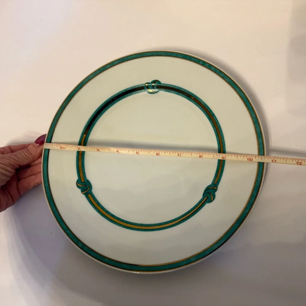 CHRISTOFLE RUBANEA VERT DINNER PLATE PORCELAIN WHITE GREEN GOLD FRANCE 10.5”